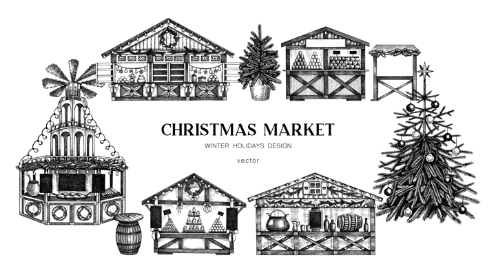 Christmas market background. Hand drawn vector illustration. Traditional european holiday marketplace frame design.. Christmas tree, wooden stall kiosk, candy shop, bakery, mulled wine sketches